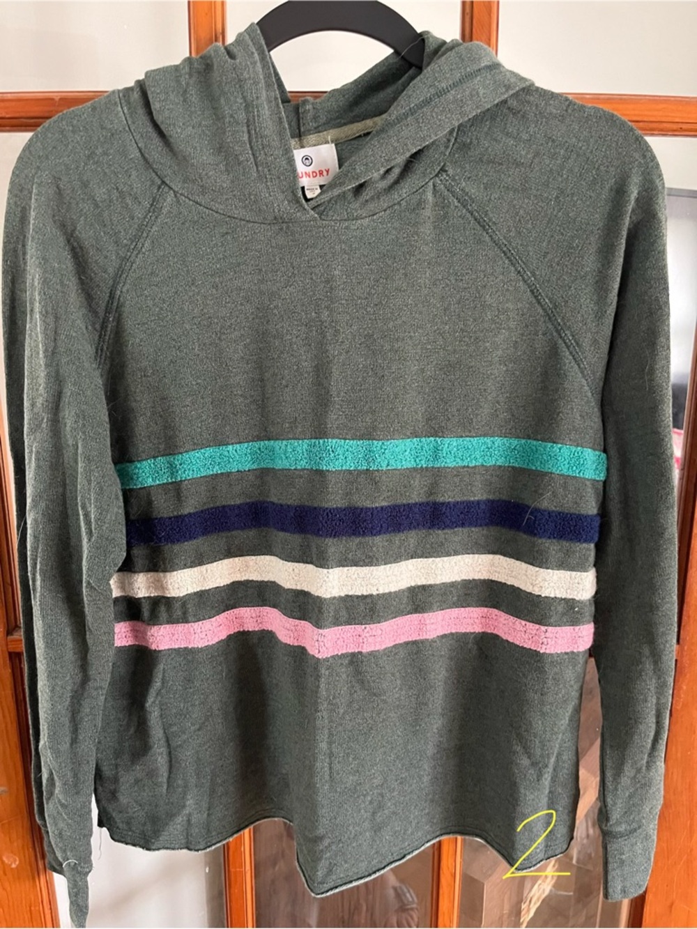 Sundry Green Hooded Sweater with Teal, Navy, Cream & Pink Stripes